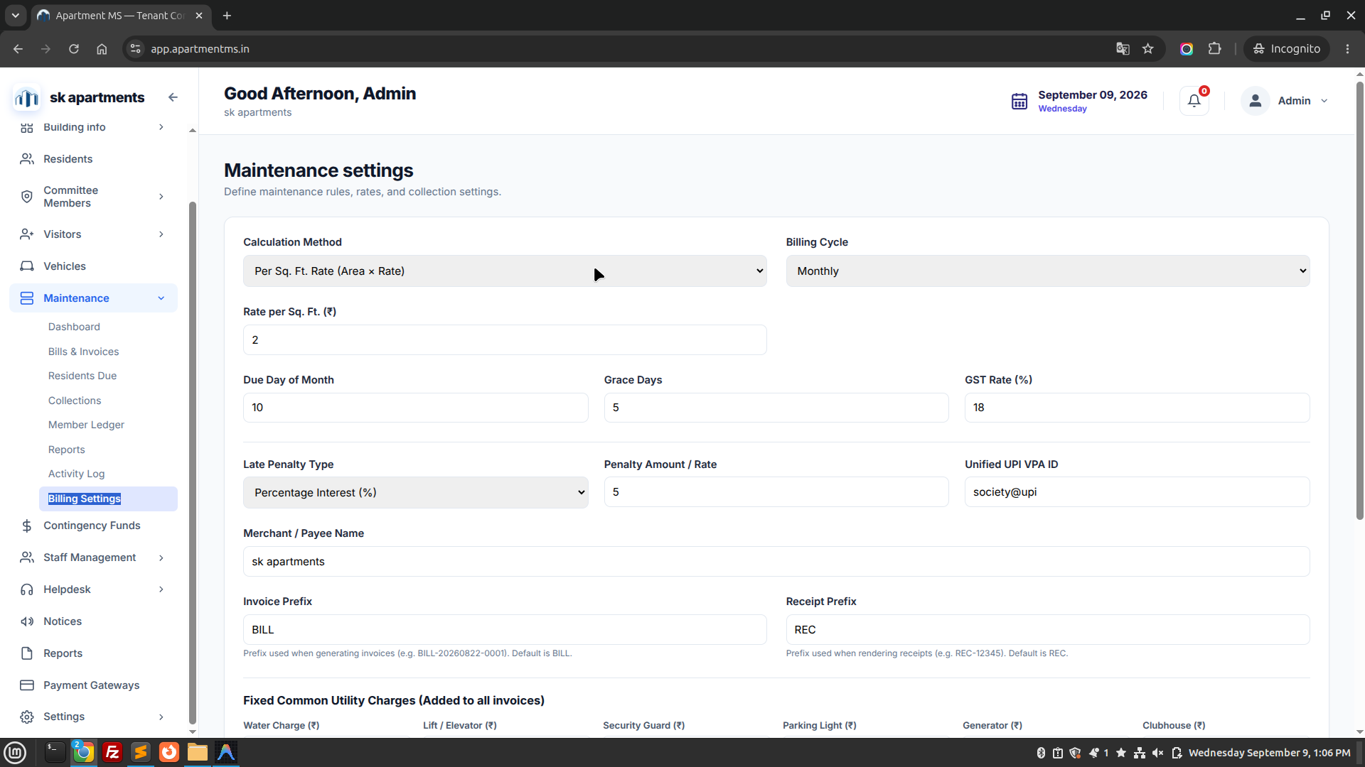 Apartment MS Billing Settings Screen