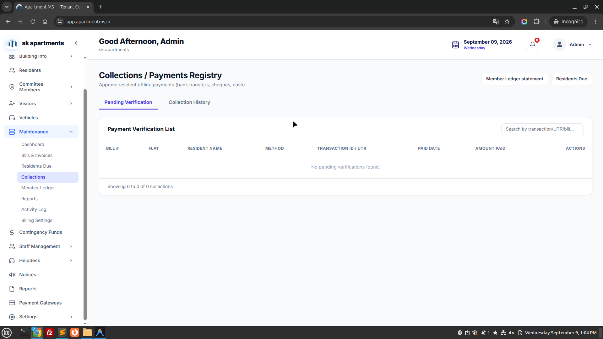 Apartment MS Collections Screen