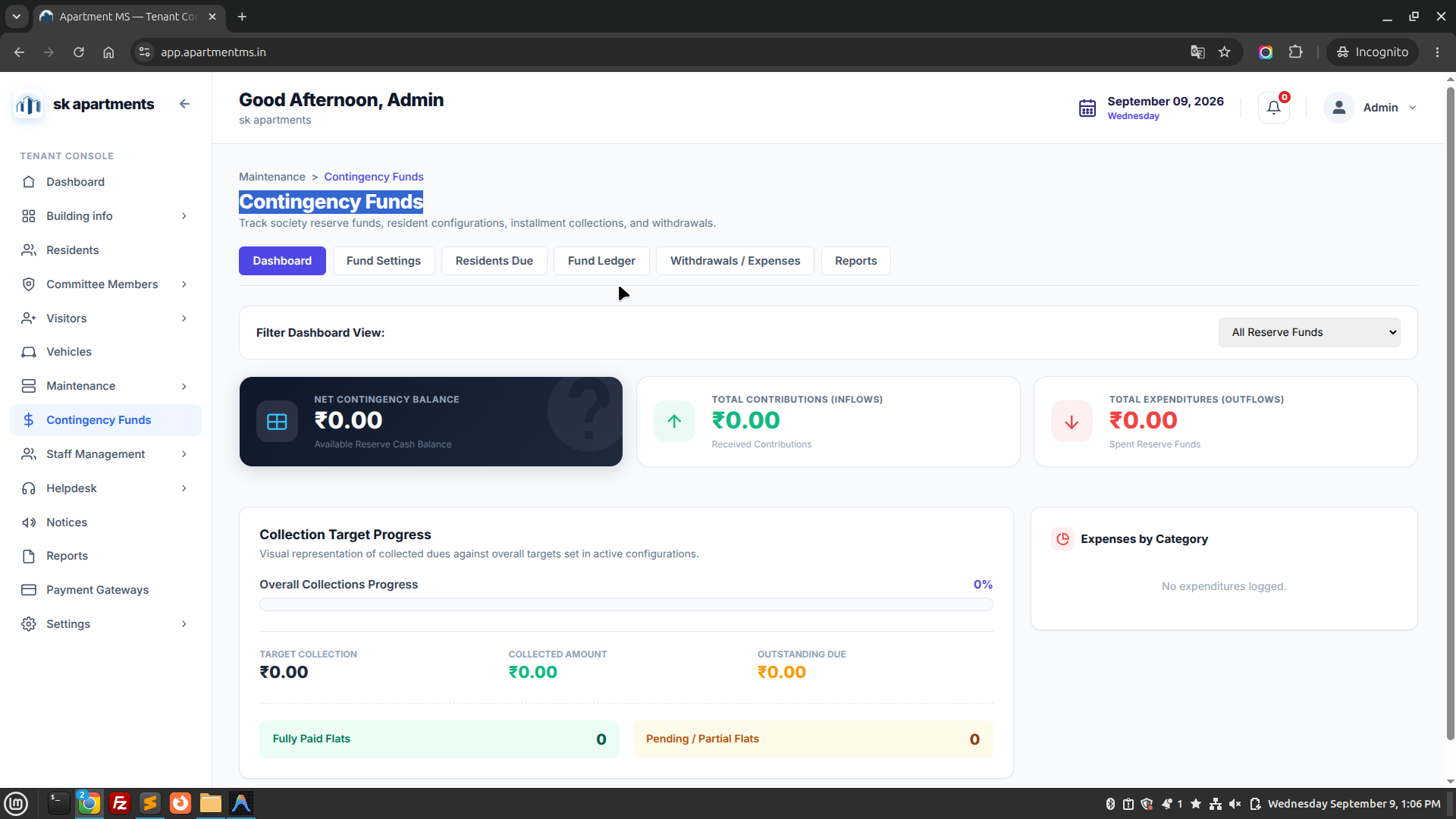 Apartment MS Contingency Funds Screen