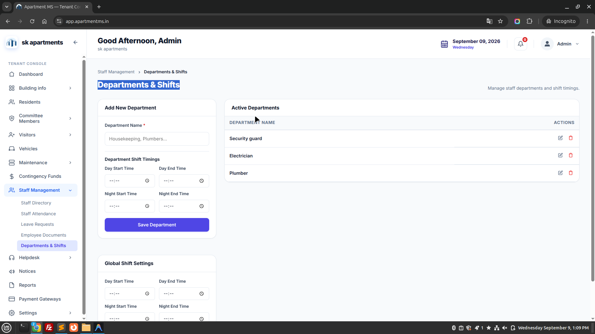 Apartment MS Departments and Shifts Screen