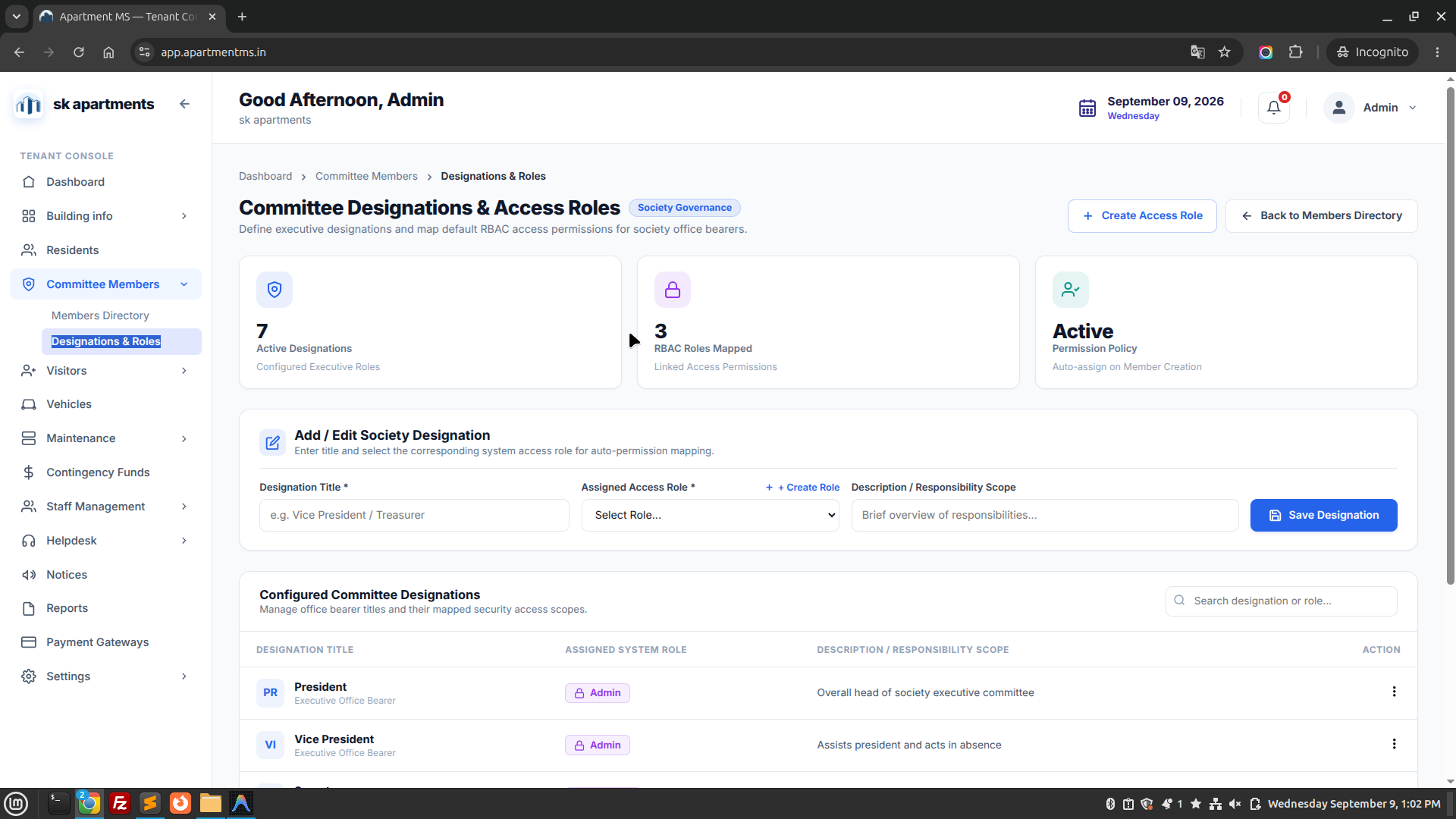 Apartment MS Designations and Roles Screen
