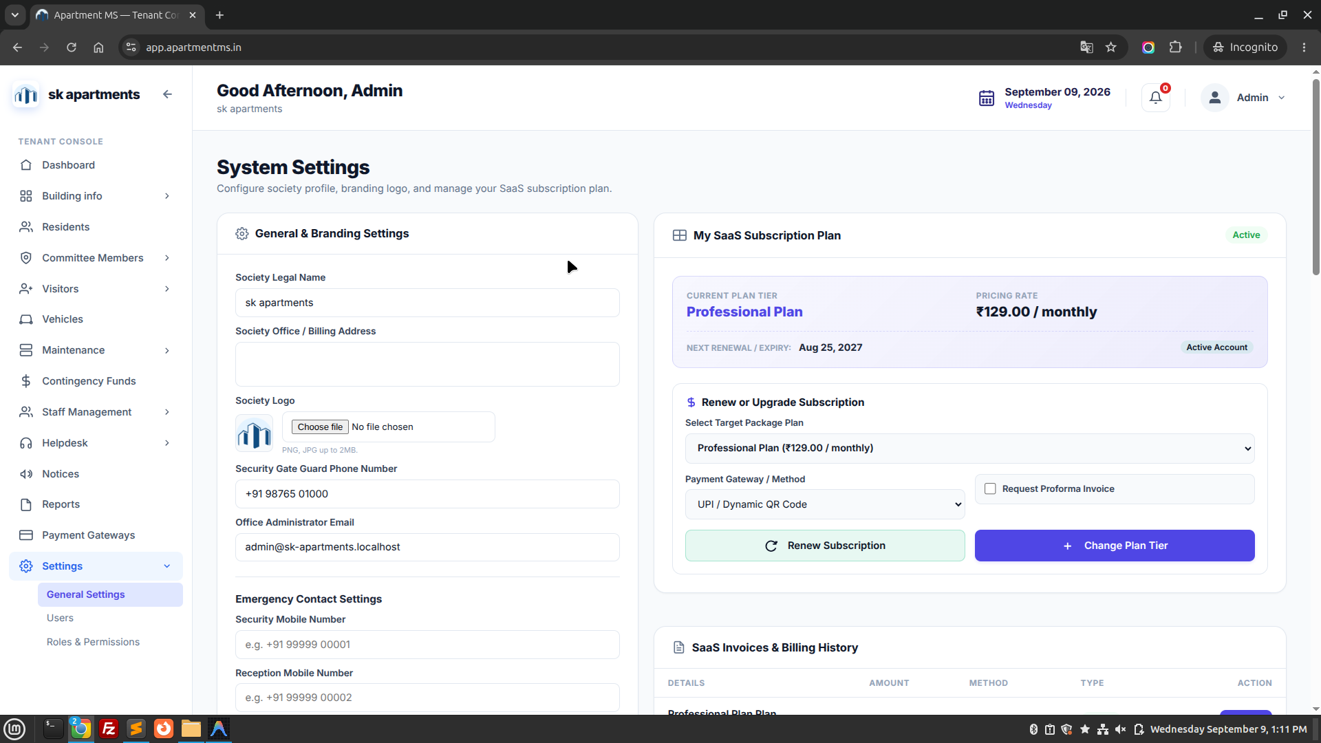 Apartment MS General Settings Screen