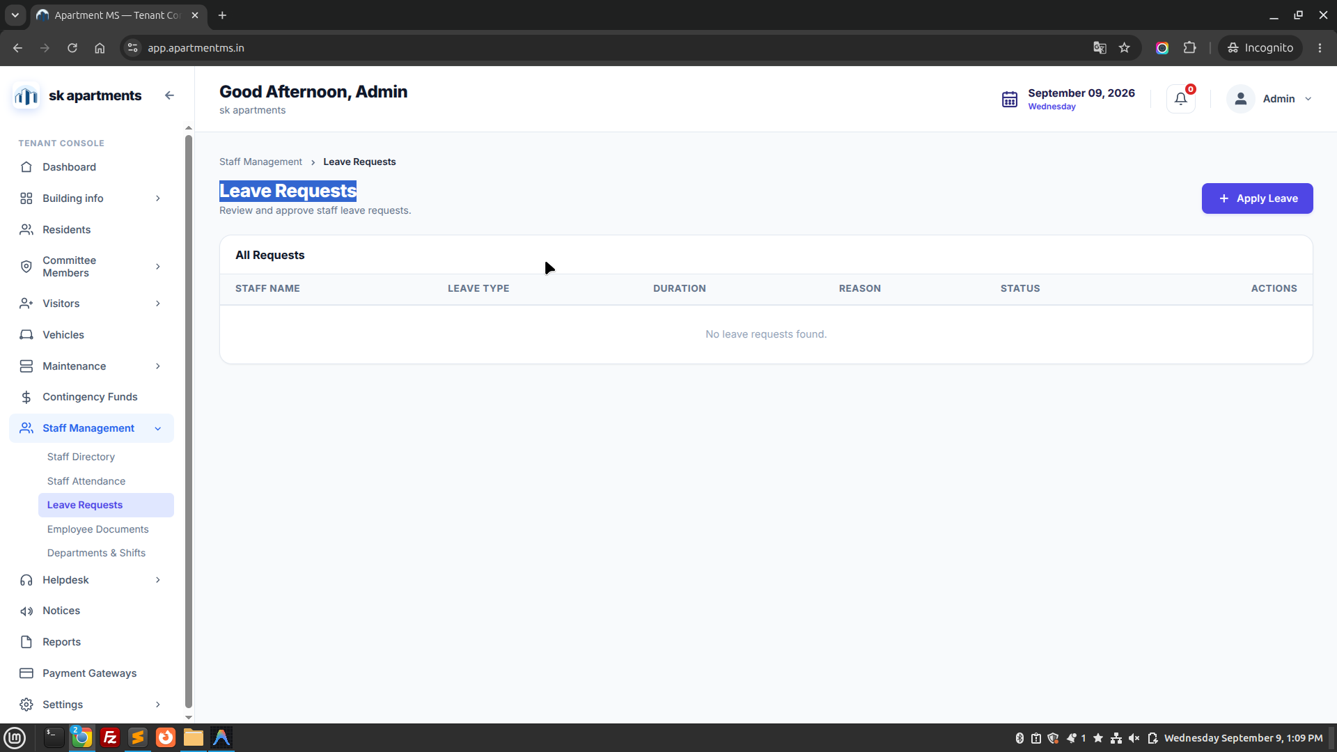 Apartment MS Leave Requests Screen