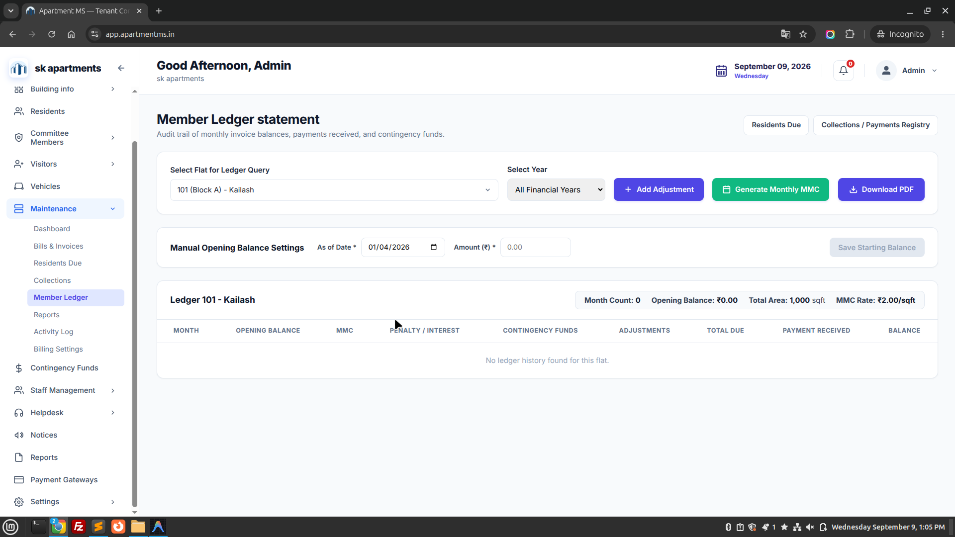 Apartment MS Member Ledger Screen