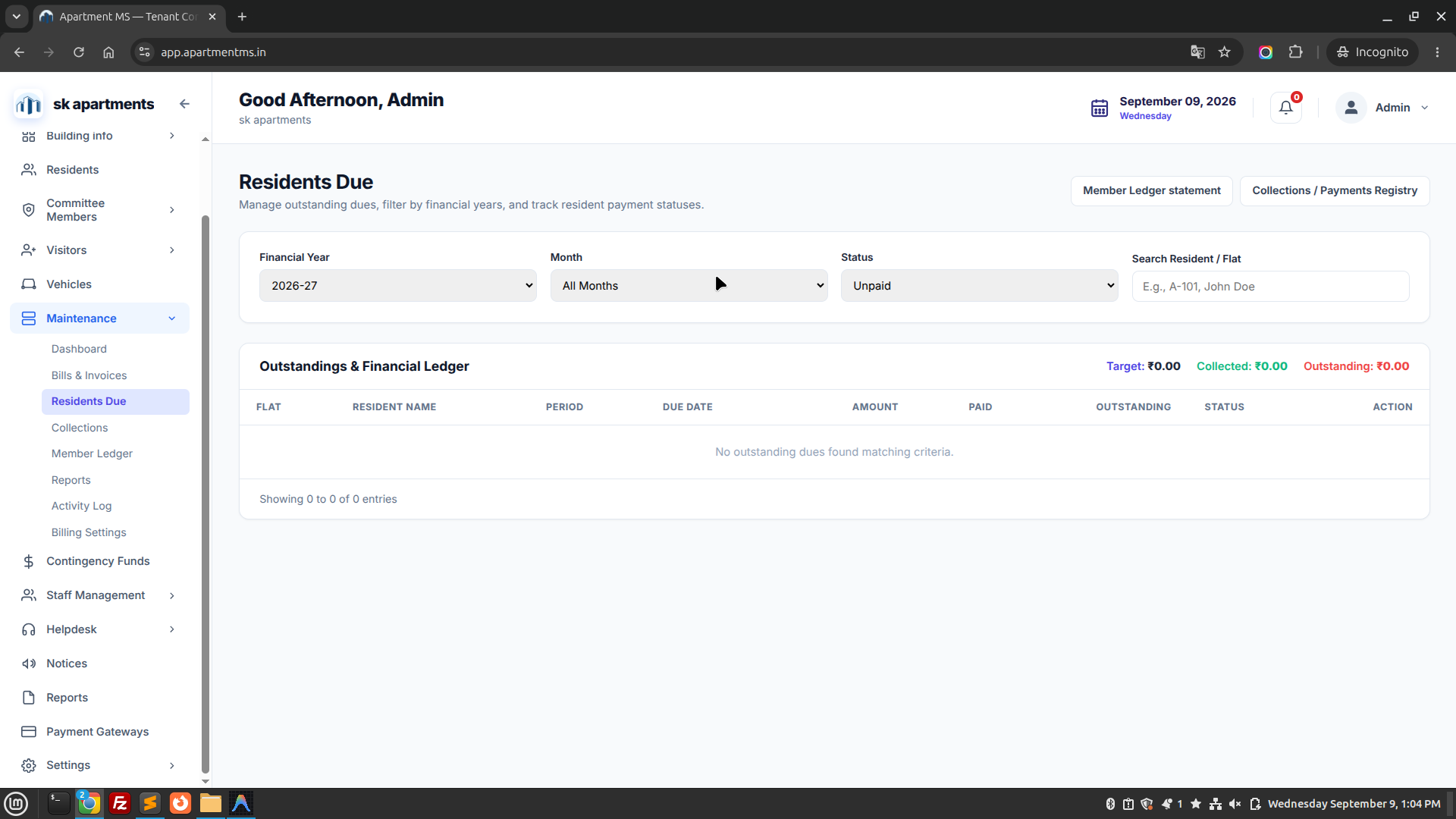 Apartment MS Residents Due Screen