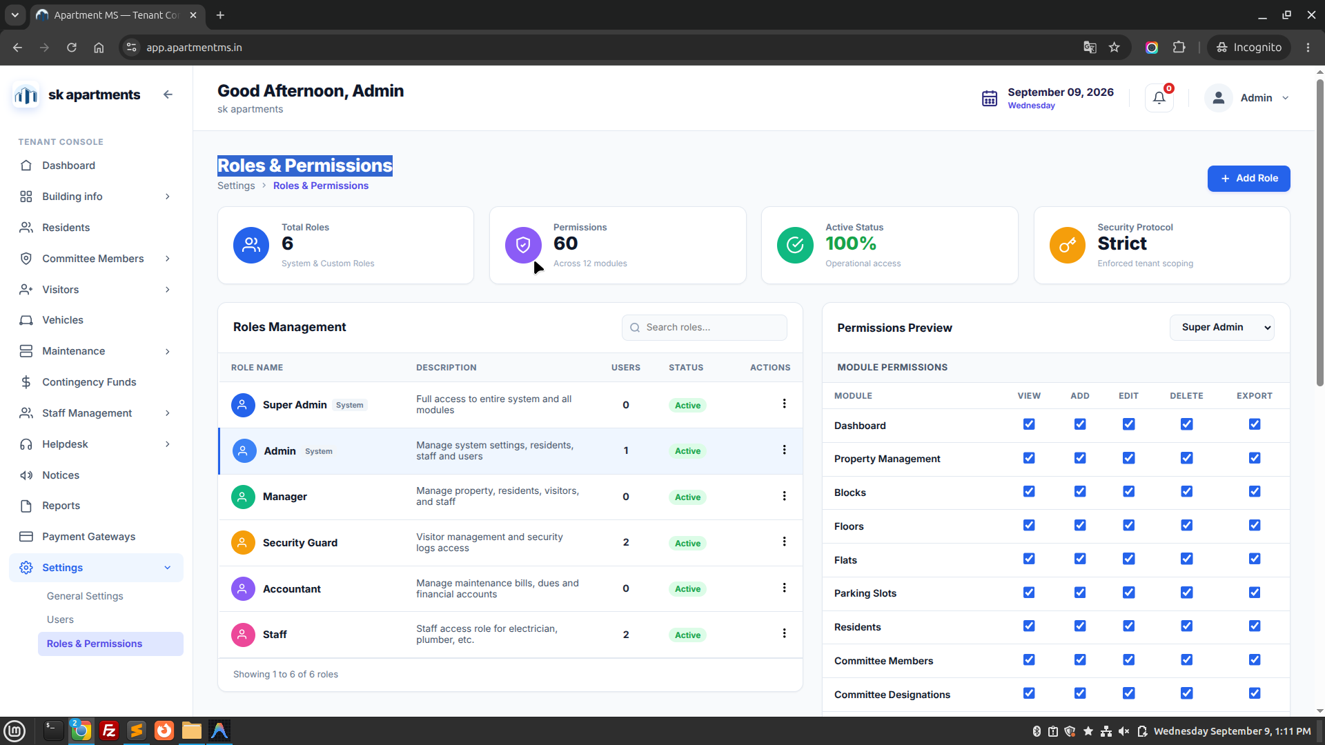 Apartment MS Roles and Permissions Screen