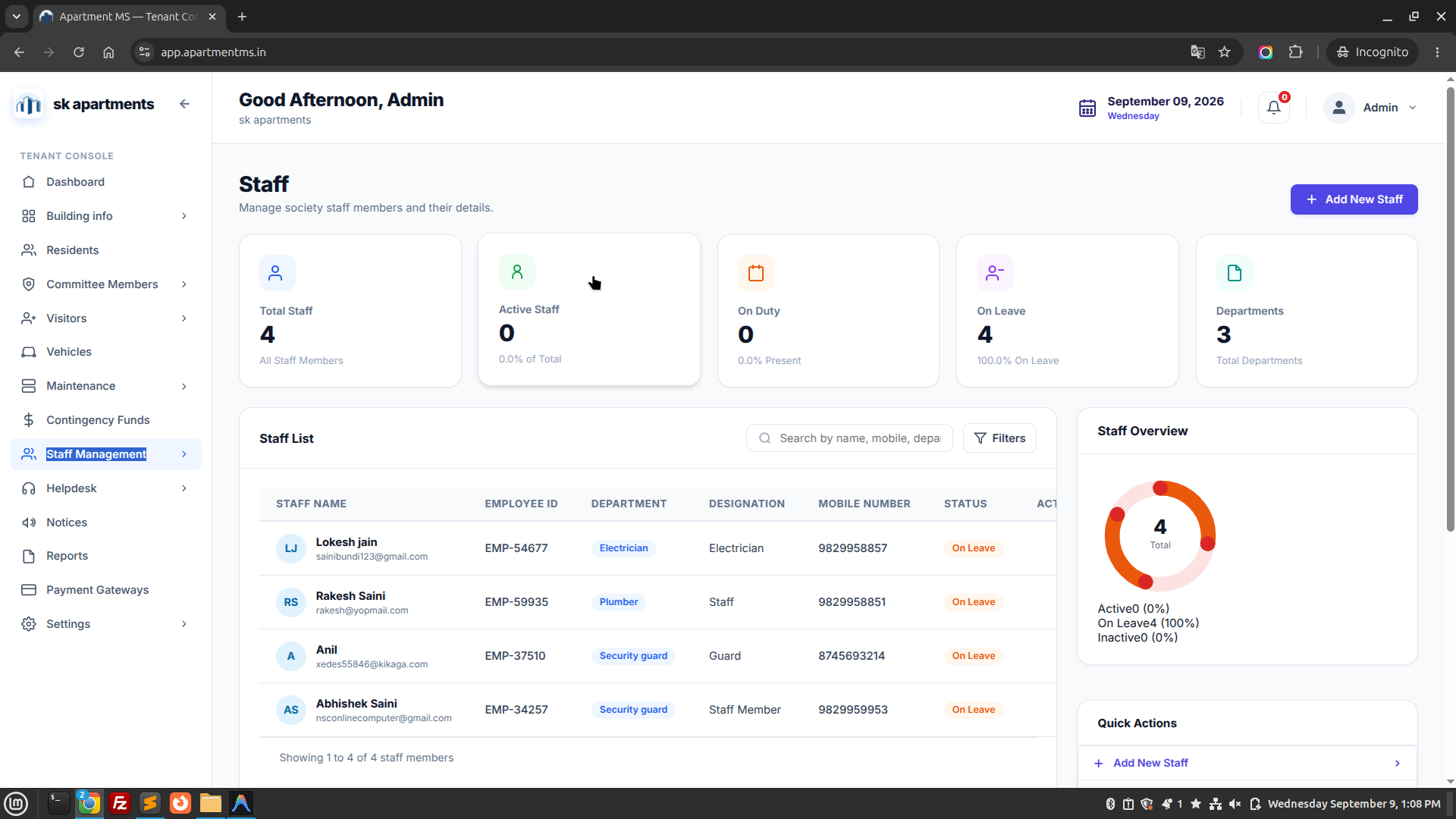 Apartment MS Staff Management Screen