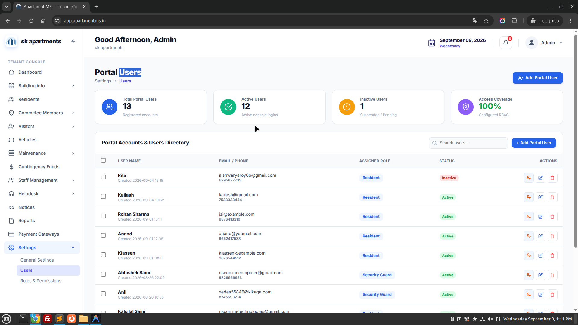 Apartment MS Users Management Screen