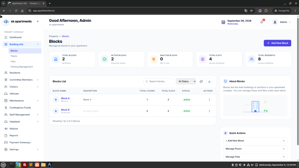 Apartment MS Blocks Management Screen