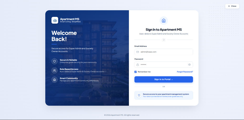 Apartment MS Login Portal Screen